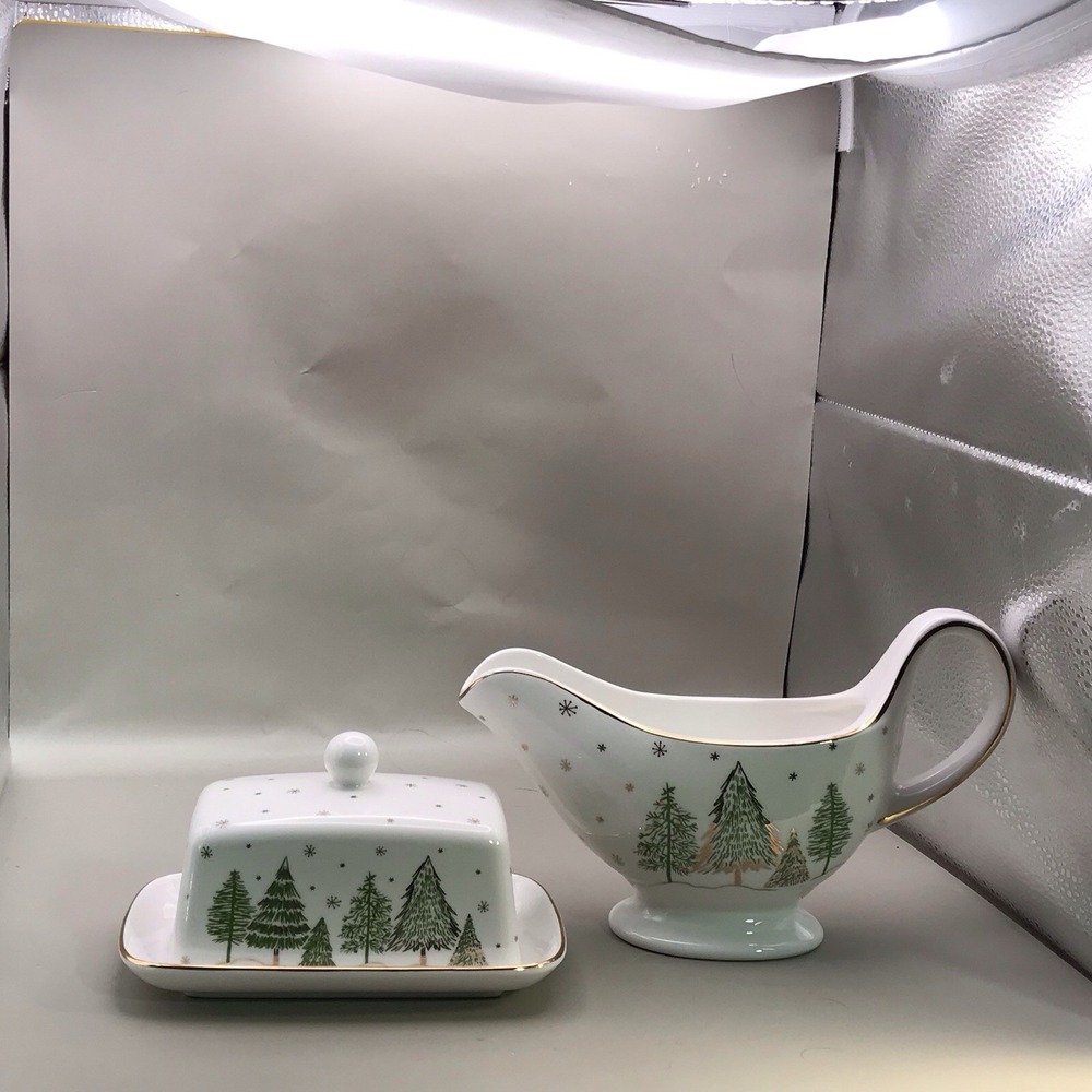 Grace Teaware Porcelain Butter Dish And Gravy Boat Trees And Snow And Gold Trim